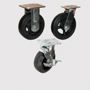 Колесные опоры болшегрузные, неповоротные, поворотные и поворотные с тормозом, литая черная резина, чугунный обод, платформенное крепление.