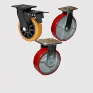 Колесные опоры болшегрузные, неповоротные и поворотные с тормозом, полиуретановый контактный слой, чугунный обод, платформенное крепление.