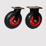 Колесные опоры болшегрузные, поворотные и неповоротные, литая протекторная резина, штампованный стальной обод, платформенное крепление.